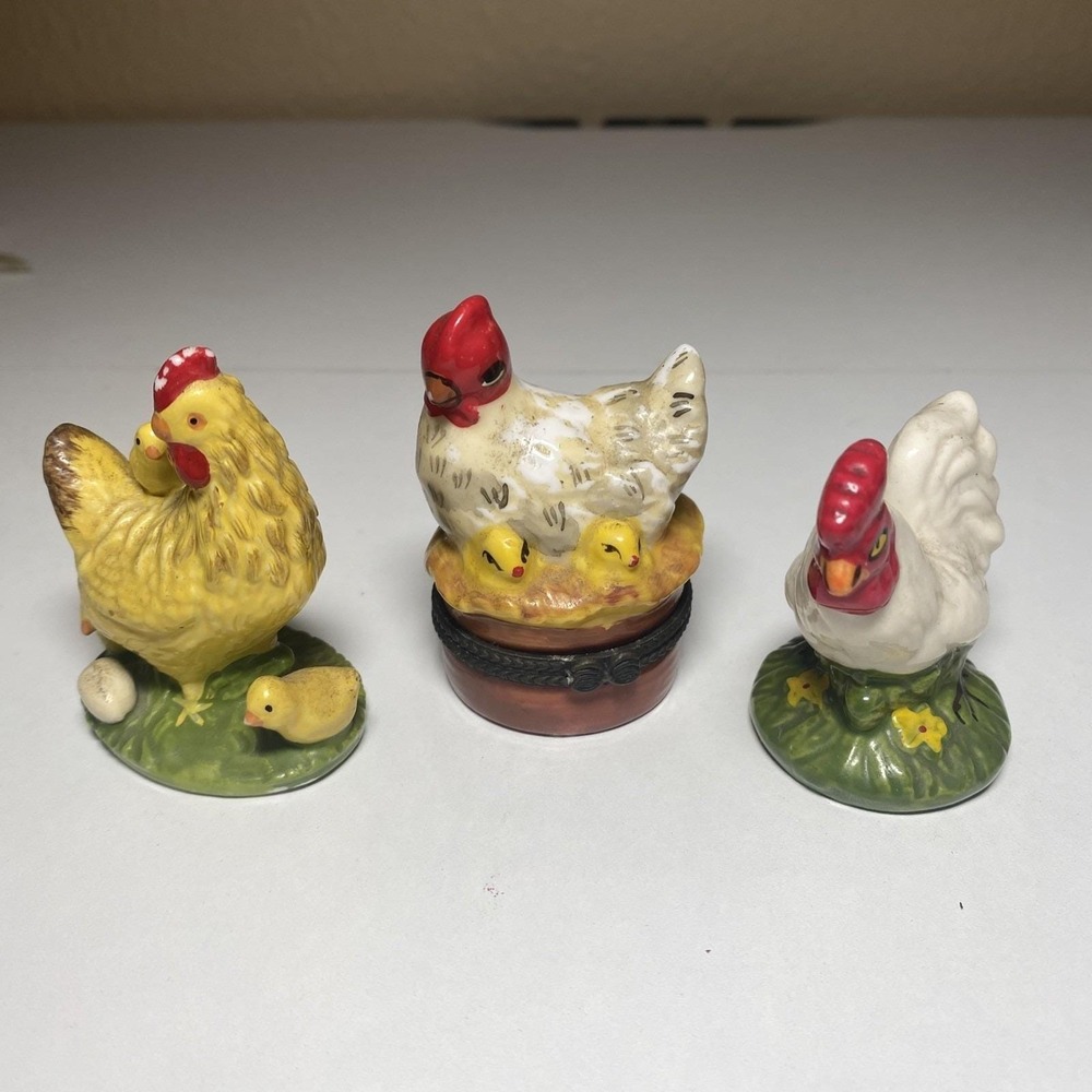 3 Beautiful Porcelain Hen-Rooster Figurines (One Is A Trinket Box)